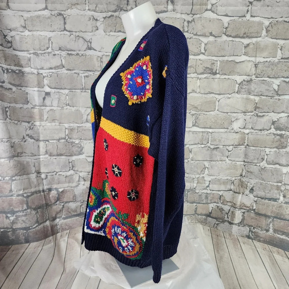 Vintage Chaus Embroidered Preppy  Cardigan Paisley Plaid Cotton Navy Size Large - Picture 10 of 14